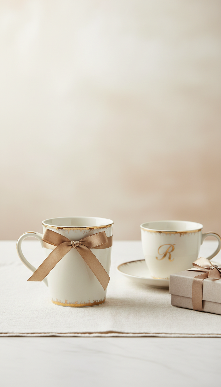 Gift-ready porcelain mug with ribbon accent