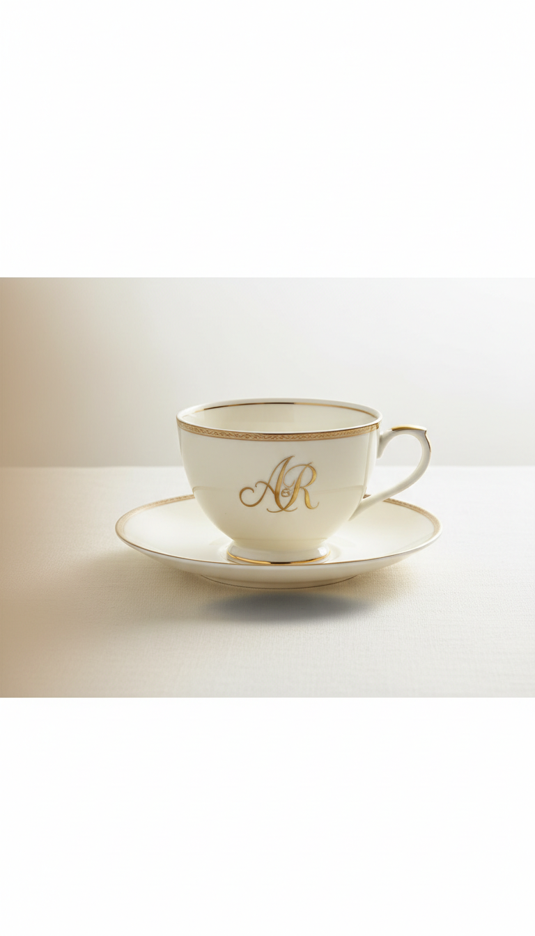 Monogrammed bone china teacup and saucer